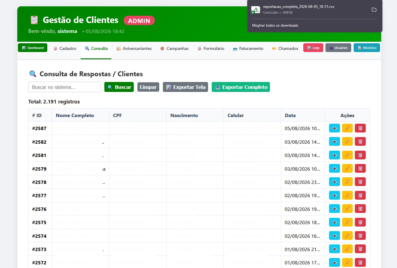 Tela da base de cadastros com o botão de exportar CSV